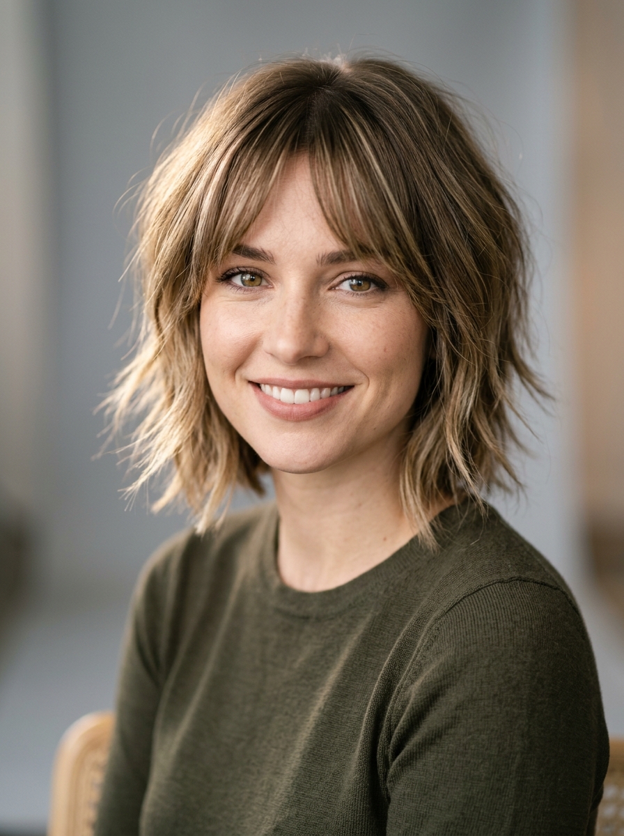 Chin-Length Shag with Wispy Curtain Bangs