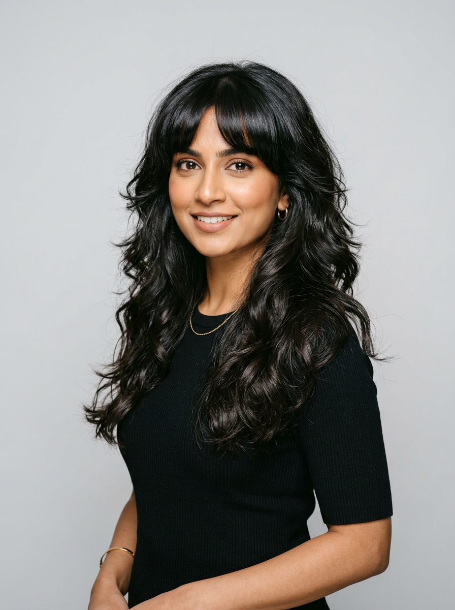 Thick-Hair Layered Shag with Blunt Curtain Bangs