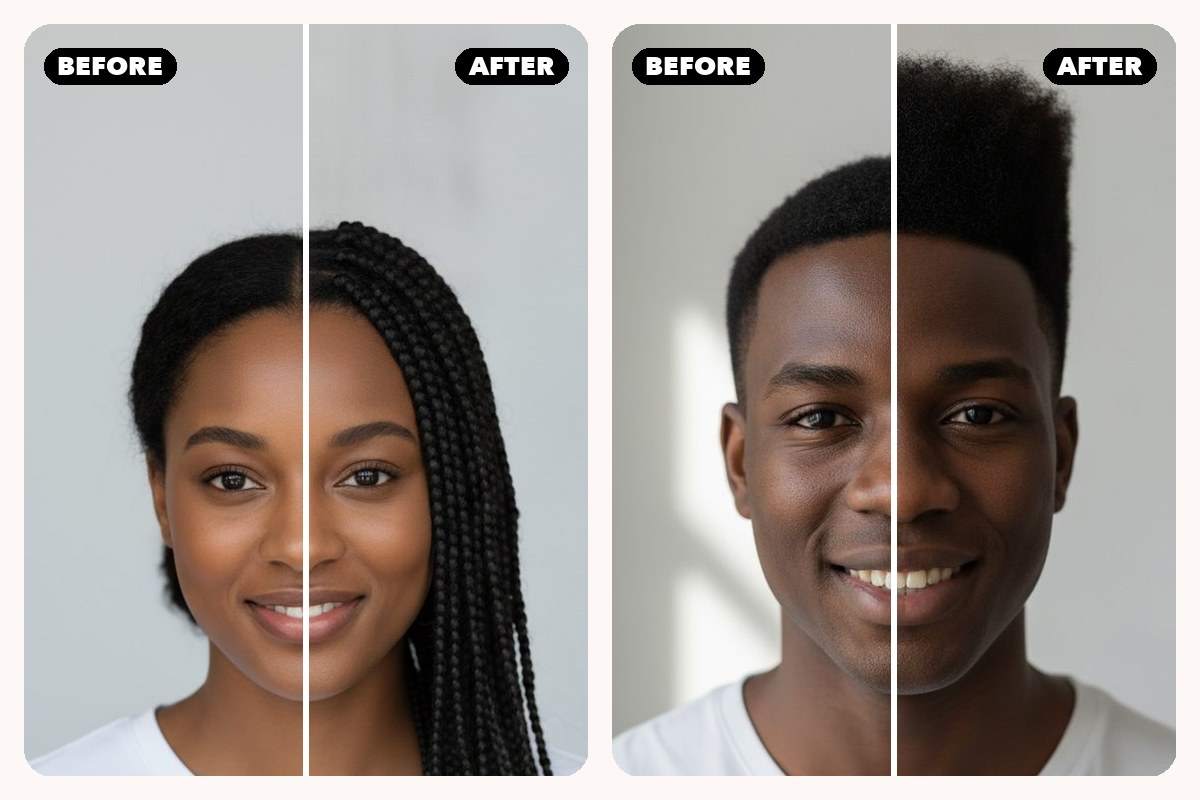 Before and after: a woman with box braids and a man with a high top fade, each shown split down the middle