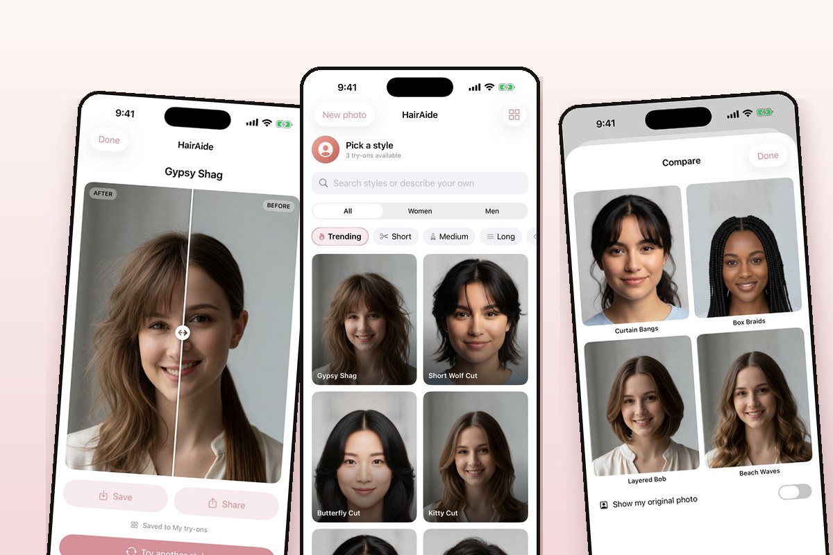 Three HairAide app screens: a before and after result, the visual style picker, and four looks compared side by side