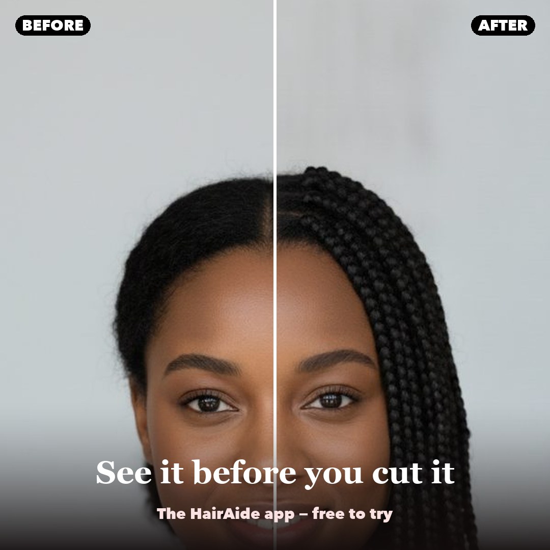 A before and after hairstyle try-on from the HairAide app