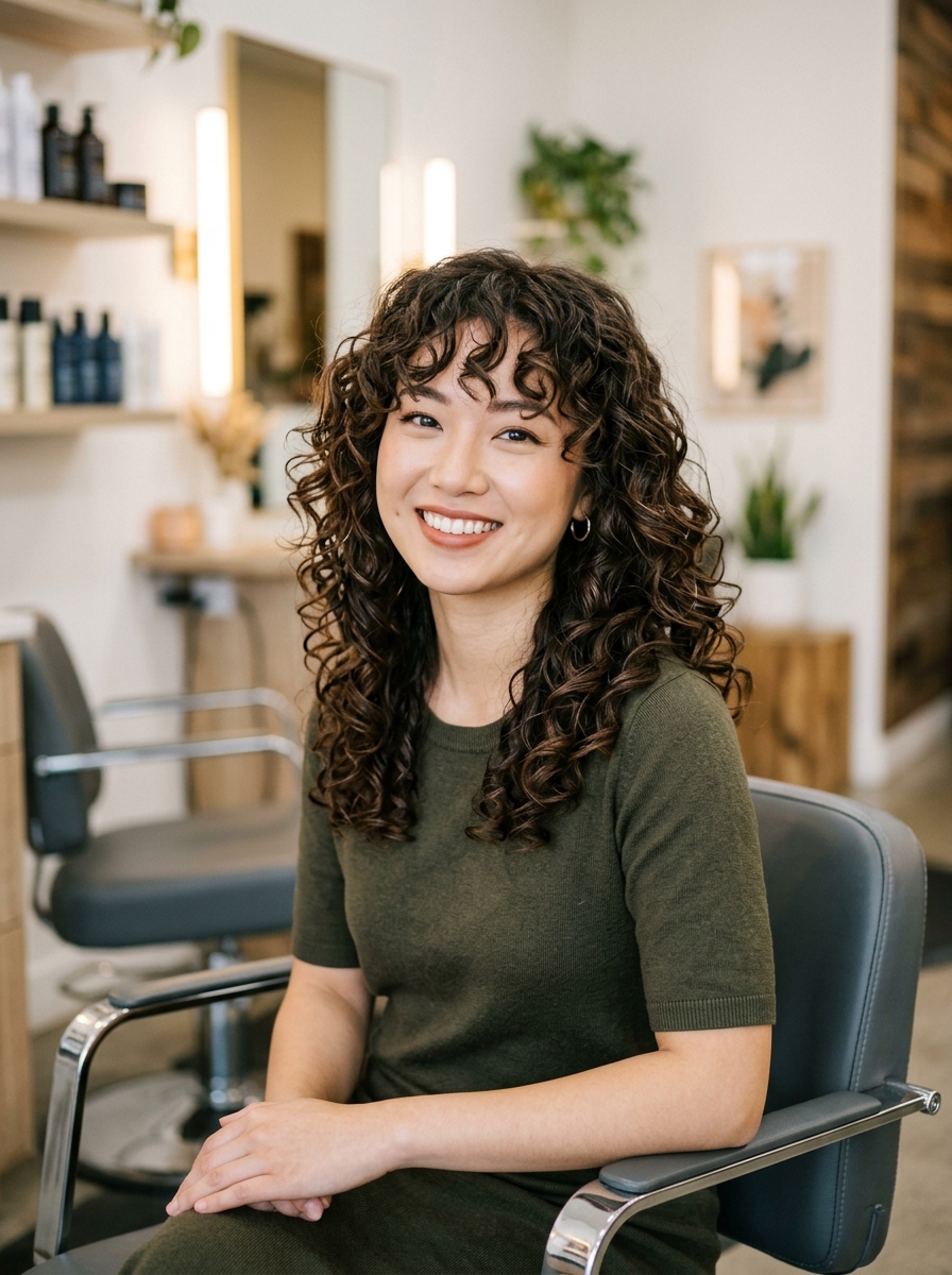Curly Butterfly Cut with Curl-Adapted Bangs