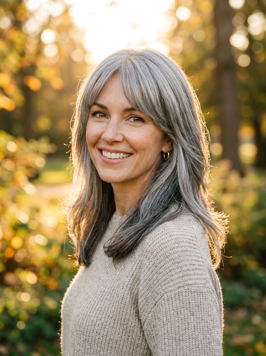 Silver-Blended Gray Butterfly Cut with Soft Bangs