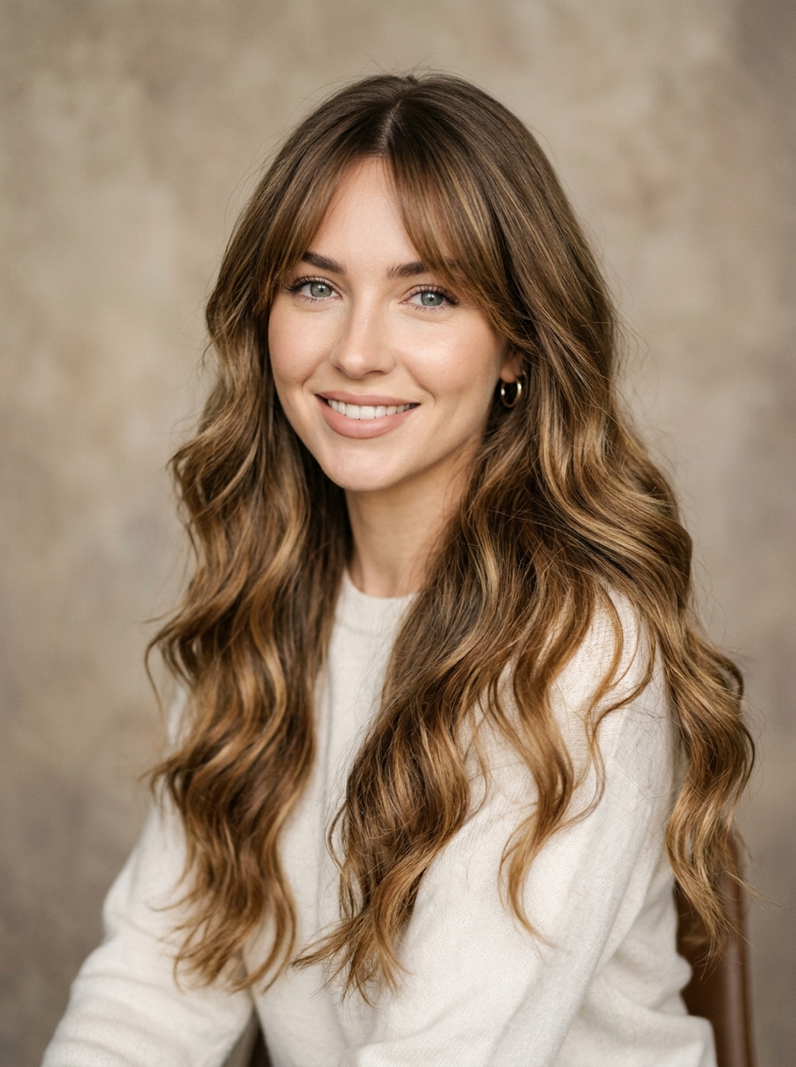 Classic Caramel Balayage with Wispy Curtain Bangs