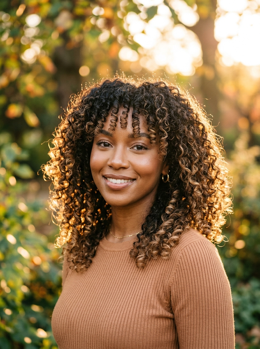 Curly Curtain Bangs with Caramel Balayage
