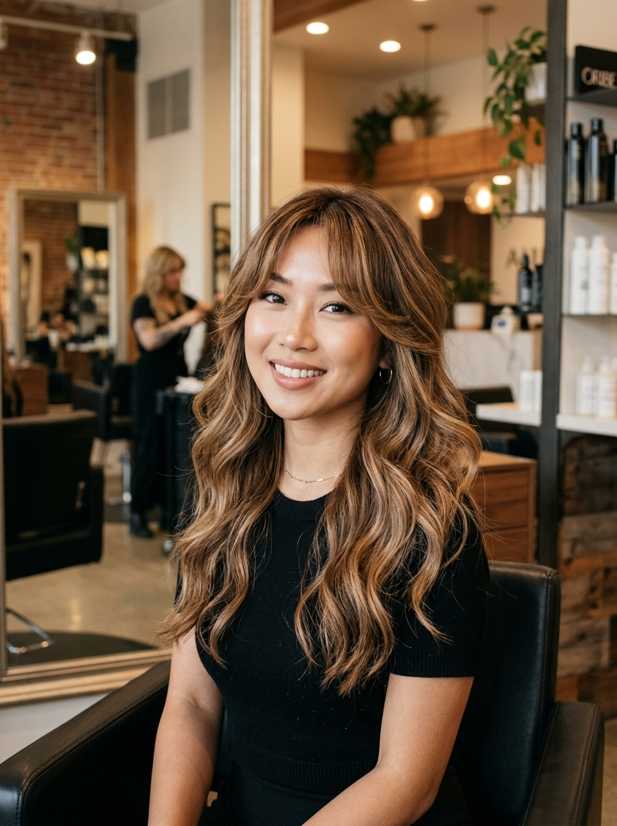Perm-Set Curtain Fringe with Caramel Balayage