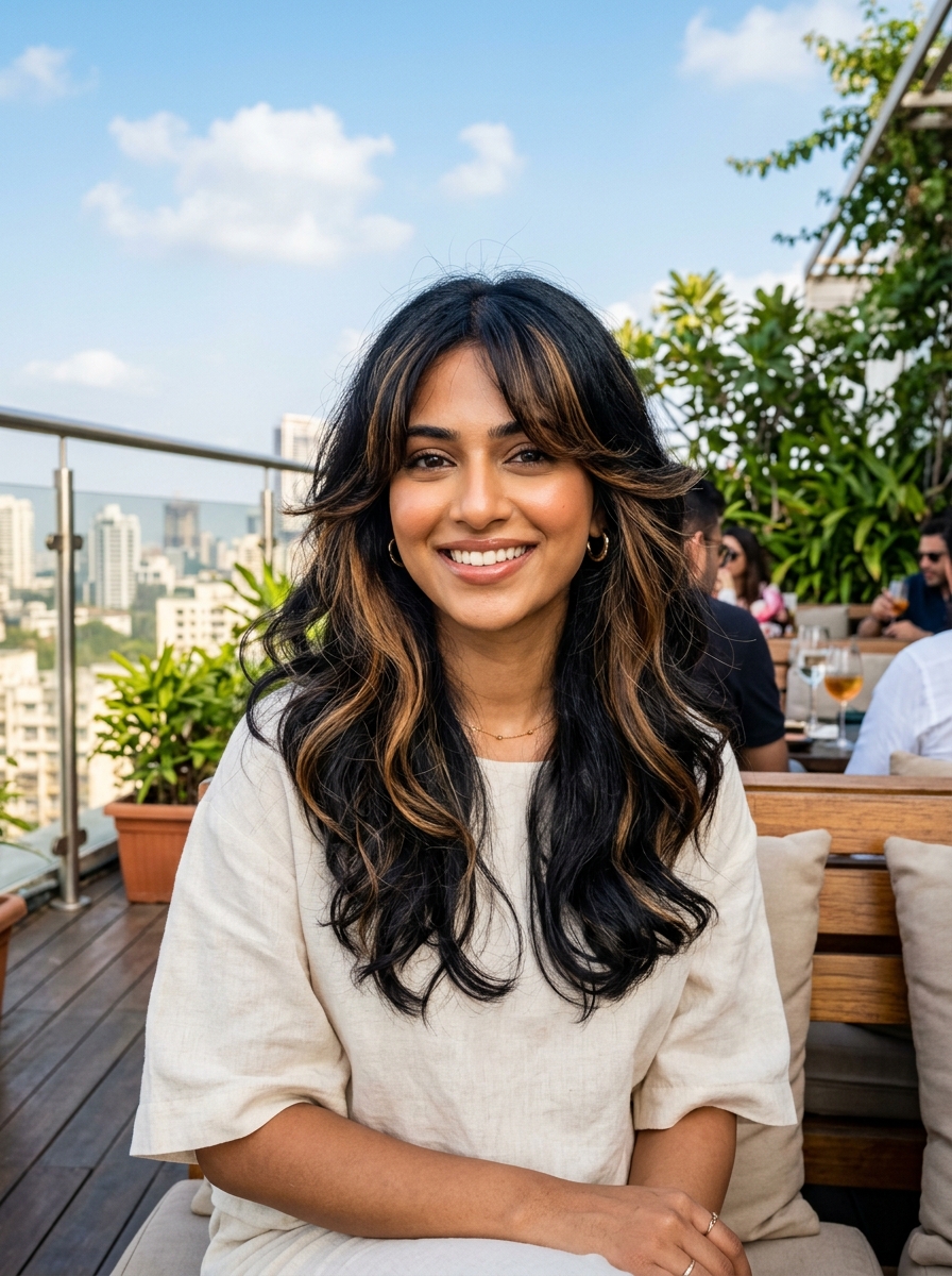 Caramel Highlights on Jet-Black Hair