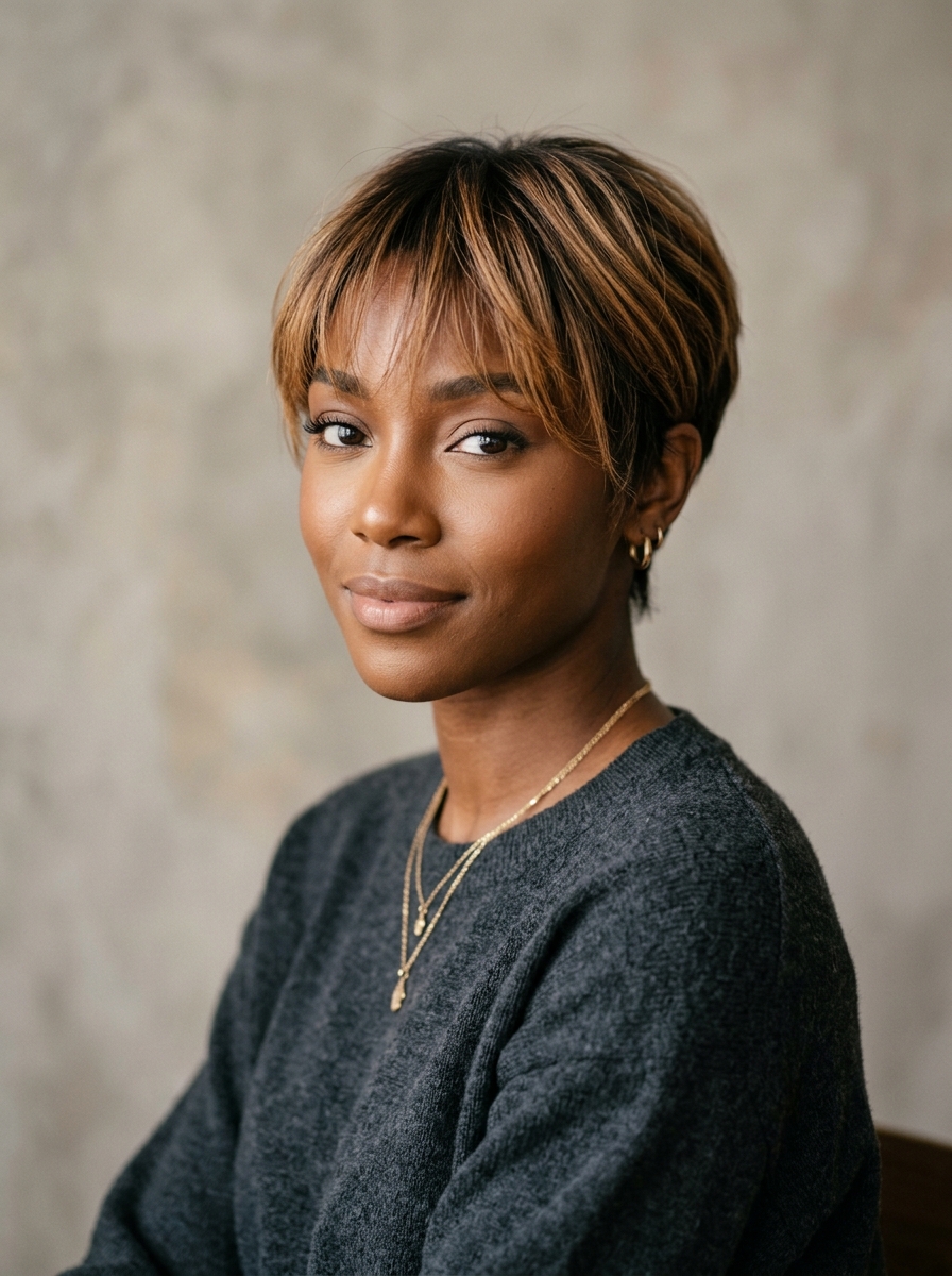 Caramel Balayage Pixie with Wispy Fringe