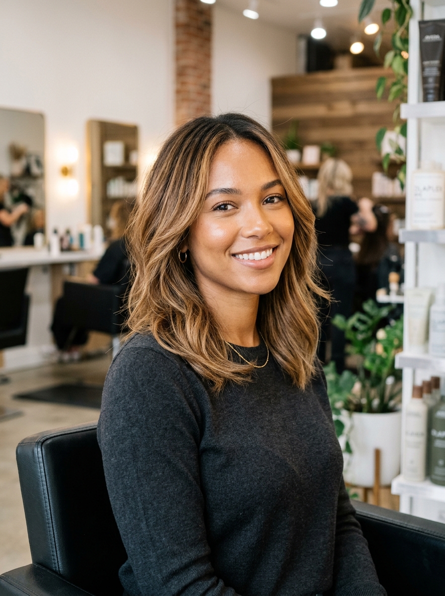 Caramel Teasylights on a Layered Long Bob