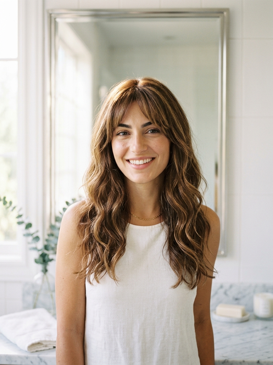 Caramel Halo Highlighting Around Curtain Bangs