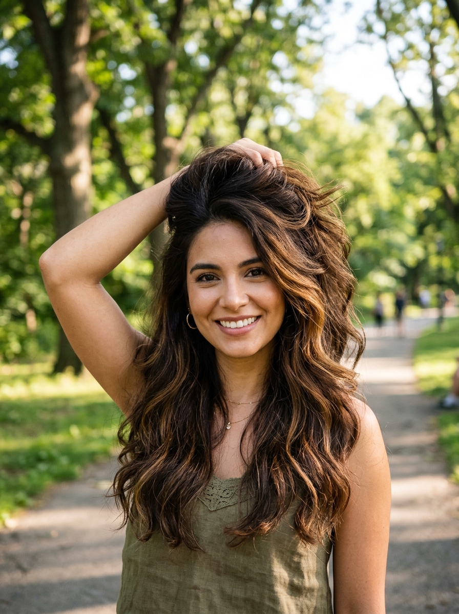 Caramel Peekaboo Highlights Under a Voluminous Crown