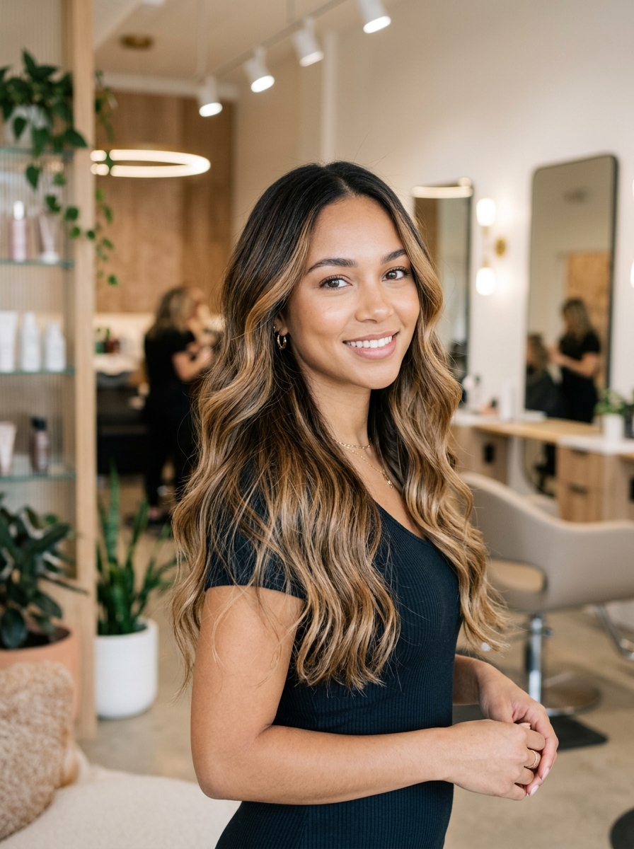 Caramel Highlights with Dark Roots (Reverse Balayage)