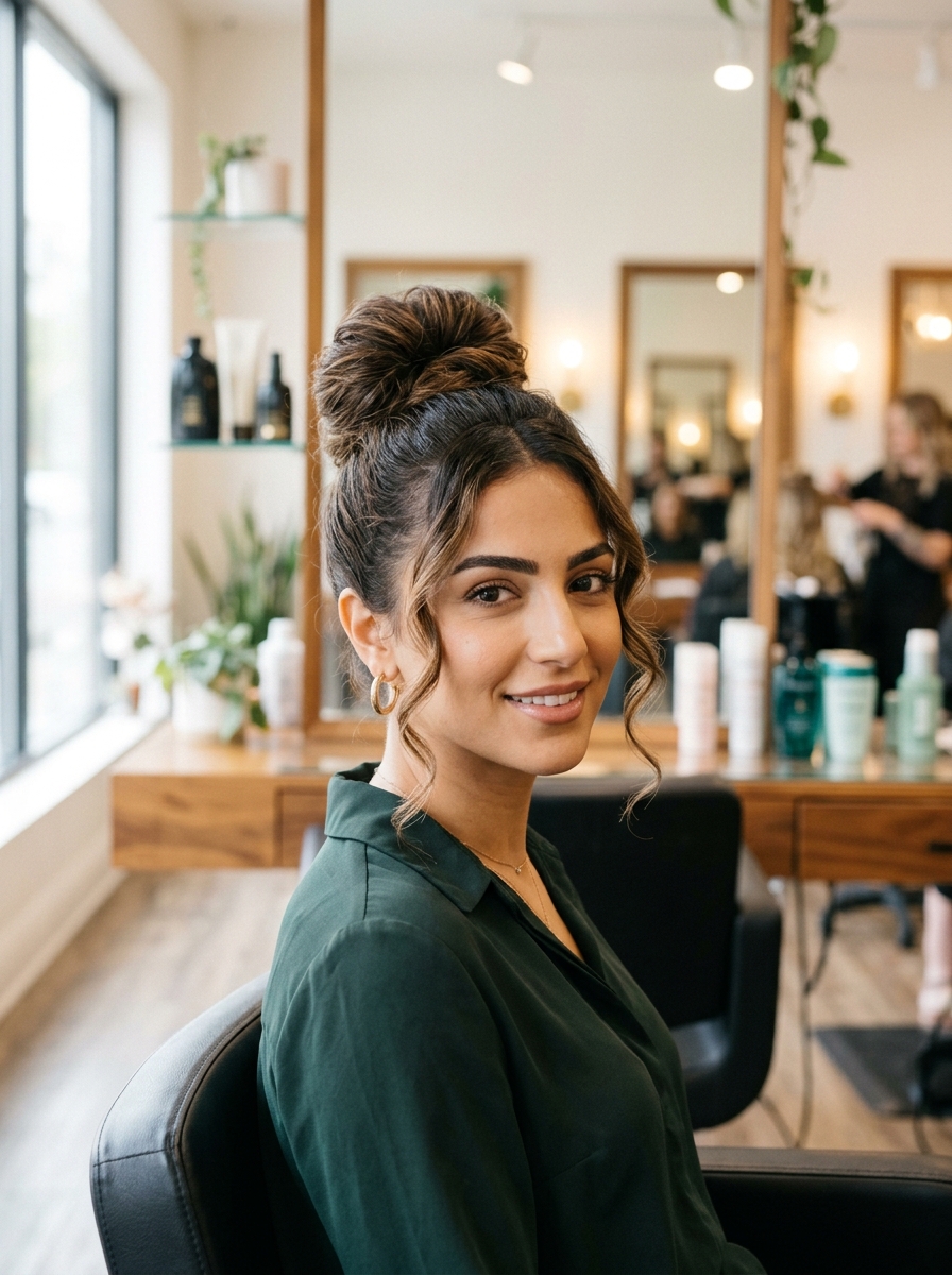 Voluminous Top Knot with Face-Framing Tendrils