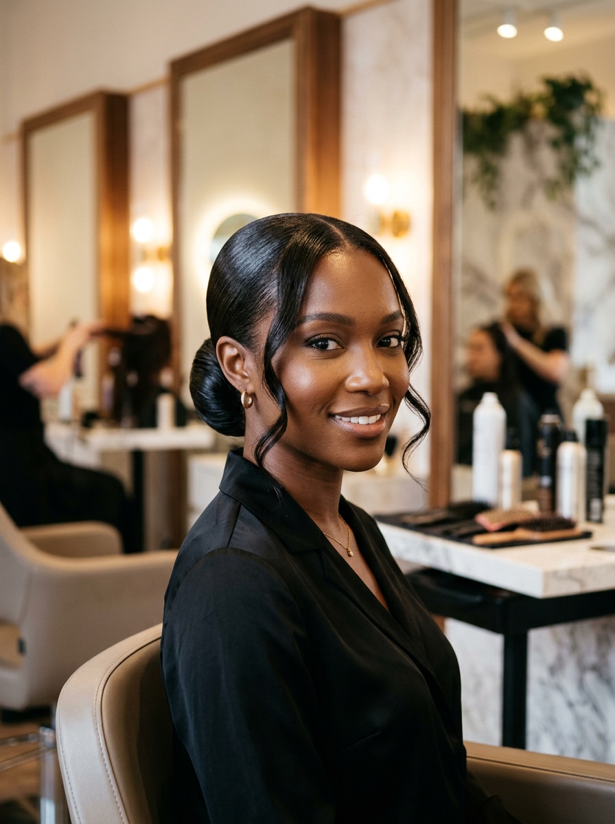 Sleek Low Bun with Face-Framing Tendrils