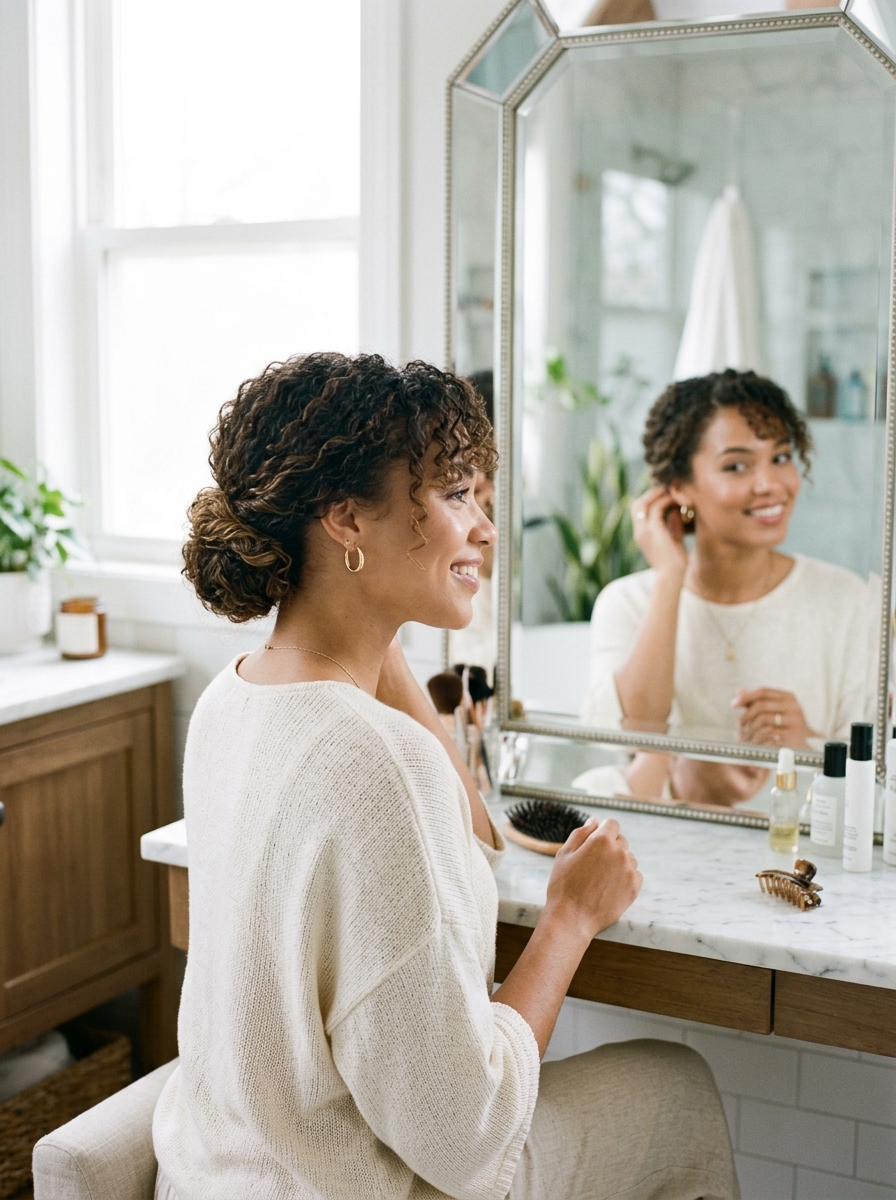 Textured Low Chignon with Side-Swept Bangs