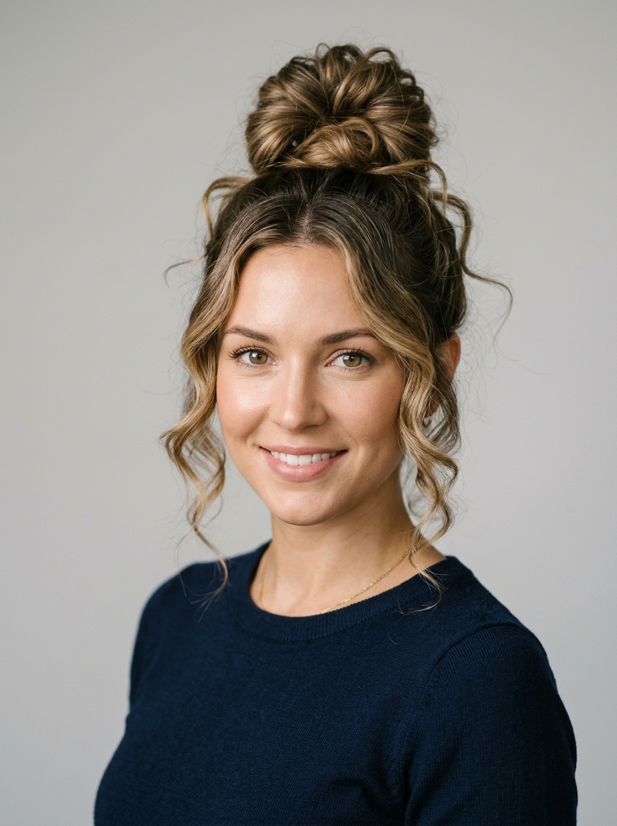Textured Top Knot with Soft Face-Framing Curls
