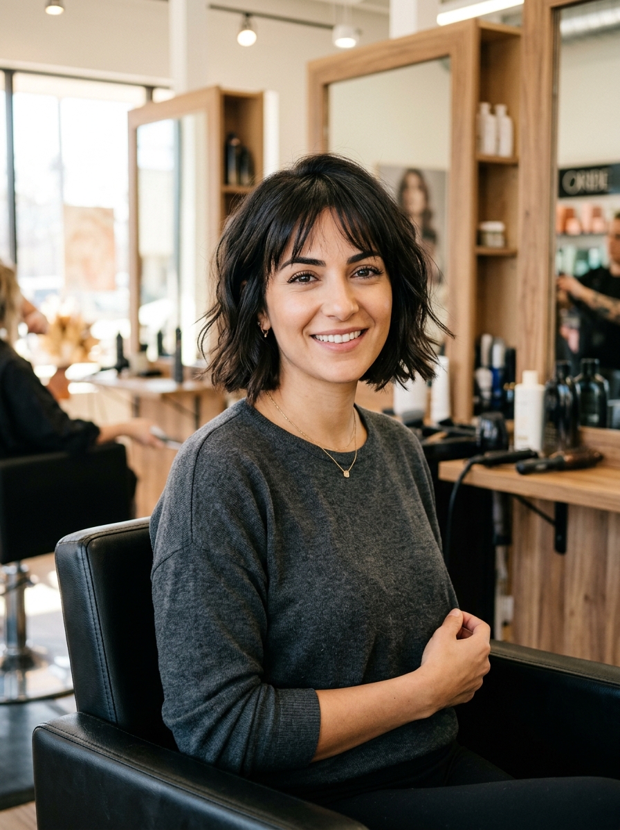 Chin-Grazing Layered Bob with Wispy Bangs