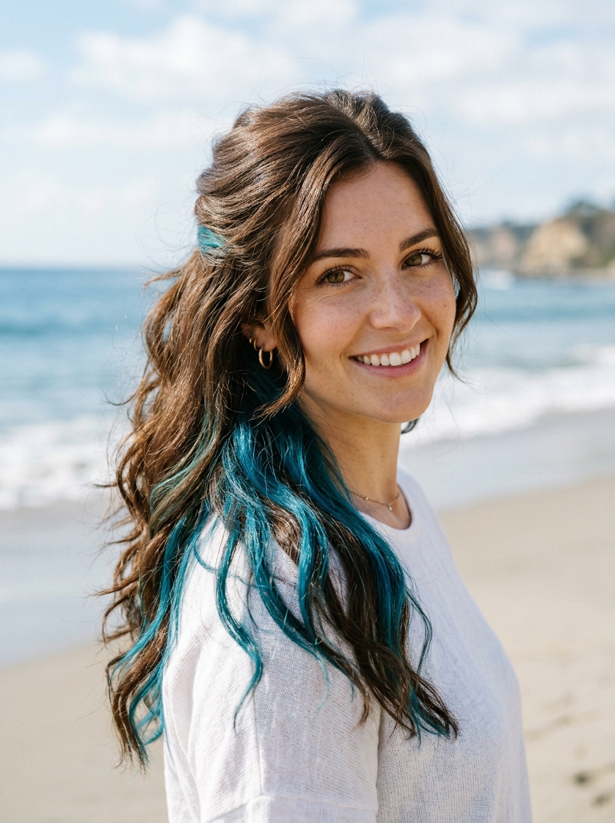 Teal Peekaboo Under the Top Layer of Warm Brunette