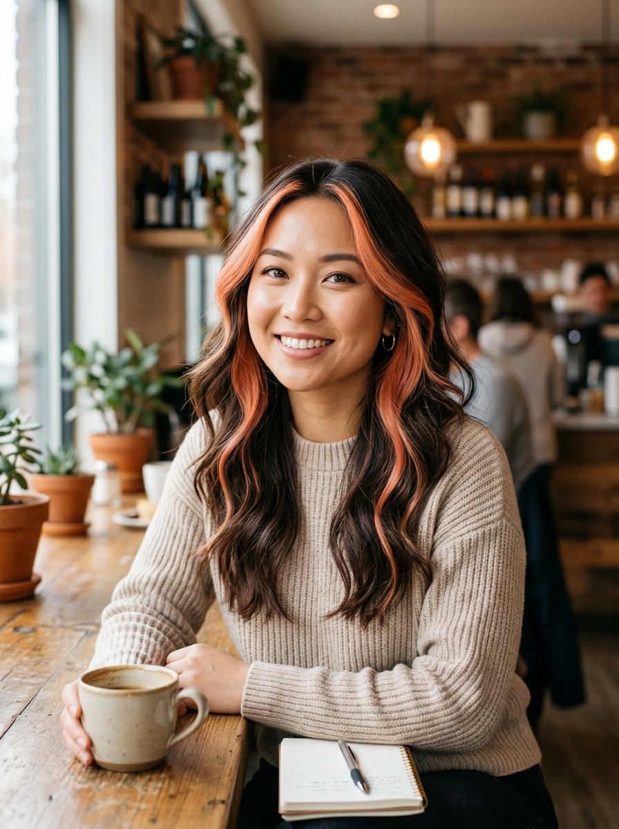 Peach-Coral Face-Framing Pieces on Dark Cocoa Hair