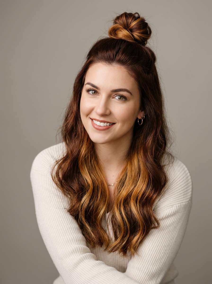 Honey Amber Peekaboo Revealed in a Half-Up Top Knot