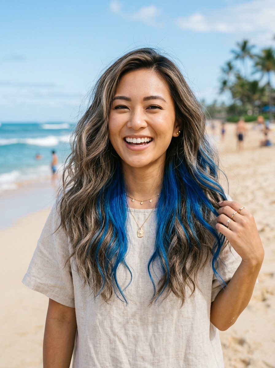 Electric Blue Peekaboo on Ash Brown Waves