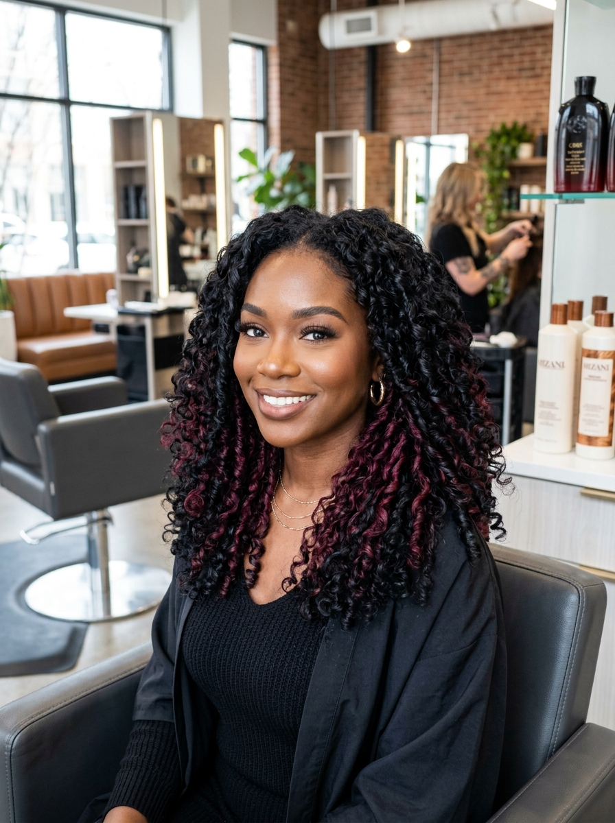 Burgundy Peekaboo on Jet Black Spiral Curls