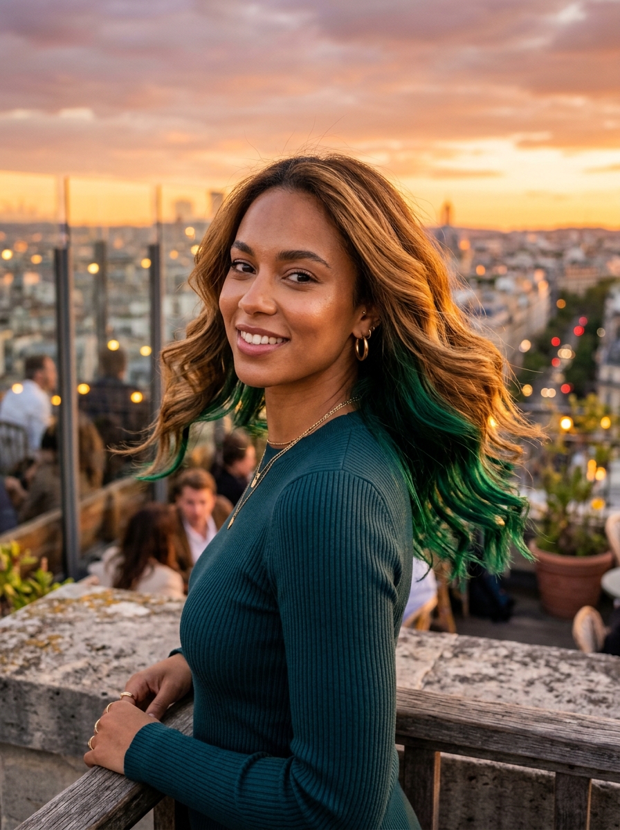 Emerald Green Peekaboo on Caramel Balayage Waves