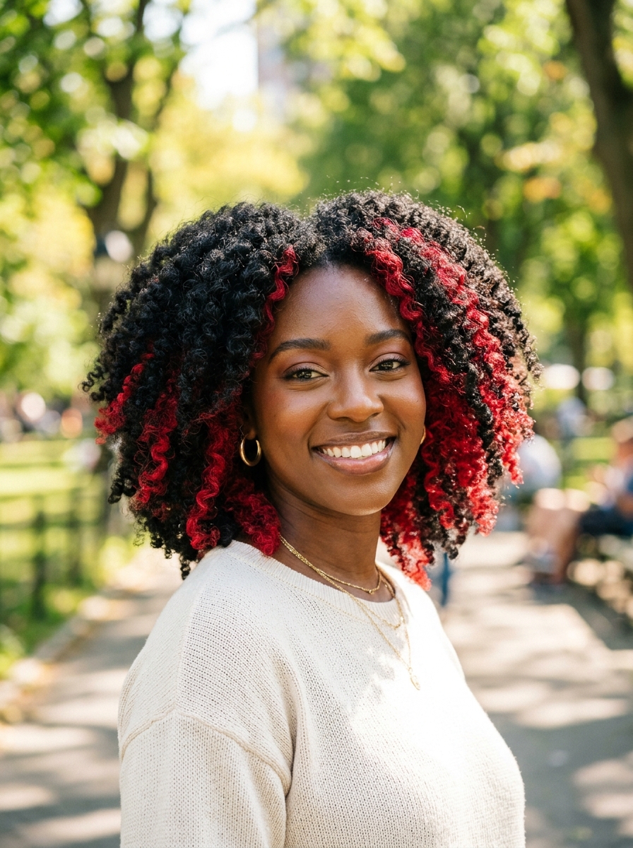 Cherry Red Peekaboo on Natural Black Curls
