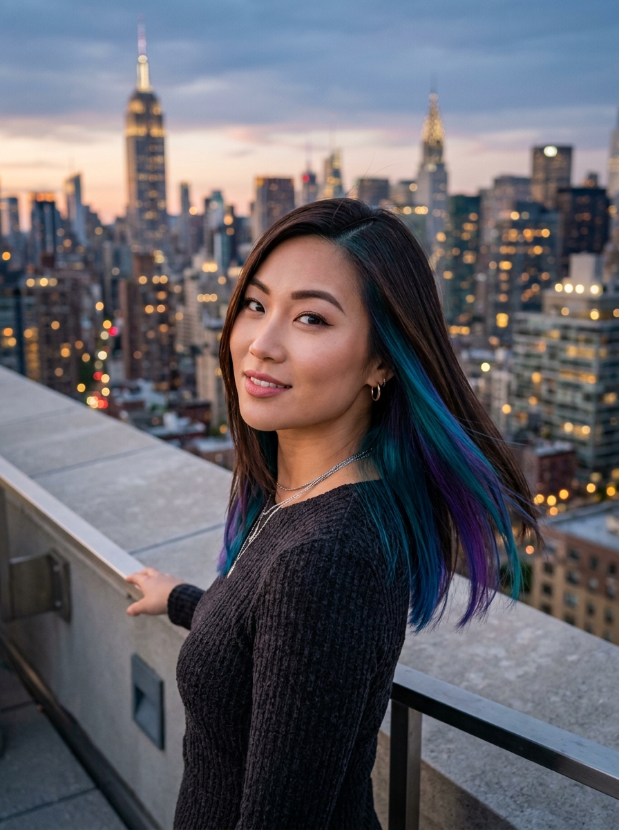 Peacock Multi-Tone Peekaboo on Dark Brown Straight Hair