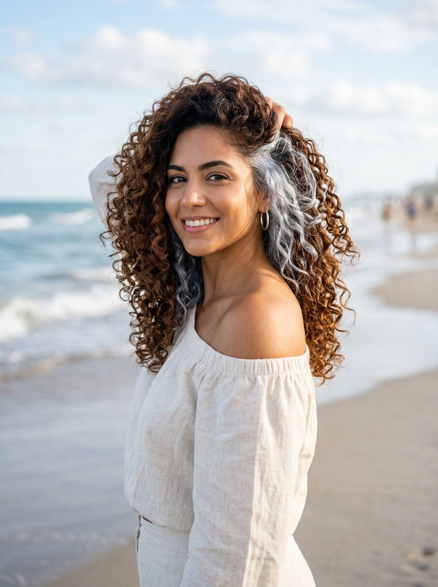 Icy Silver Peekaboo on Warm Brunette Curls