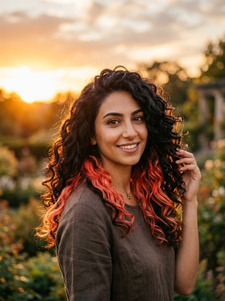 Sunset Coral Peekaboo on Off-Black Curls