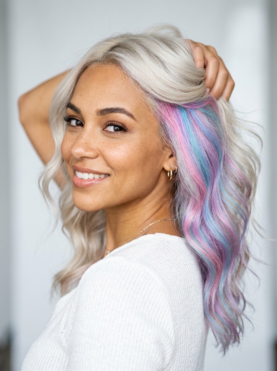 Holographic Pastel Peekaboo on White-Blonde Hair