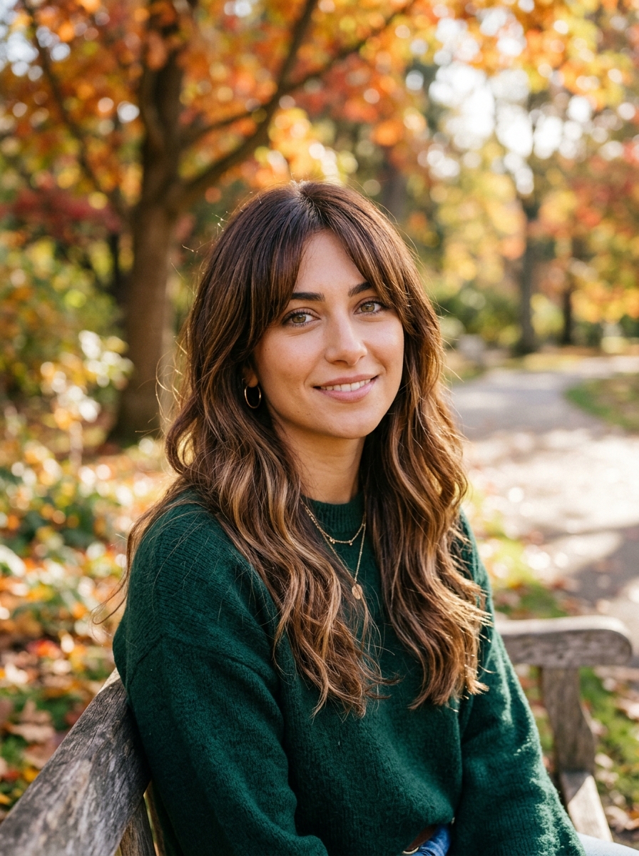 Caramel Balayage Peekaboo Under Chestnut Curtain Bangs