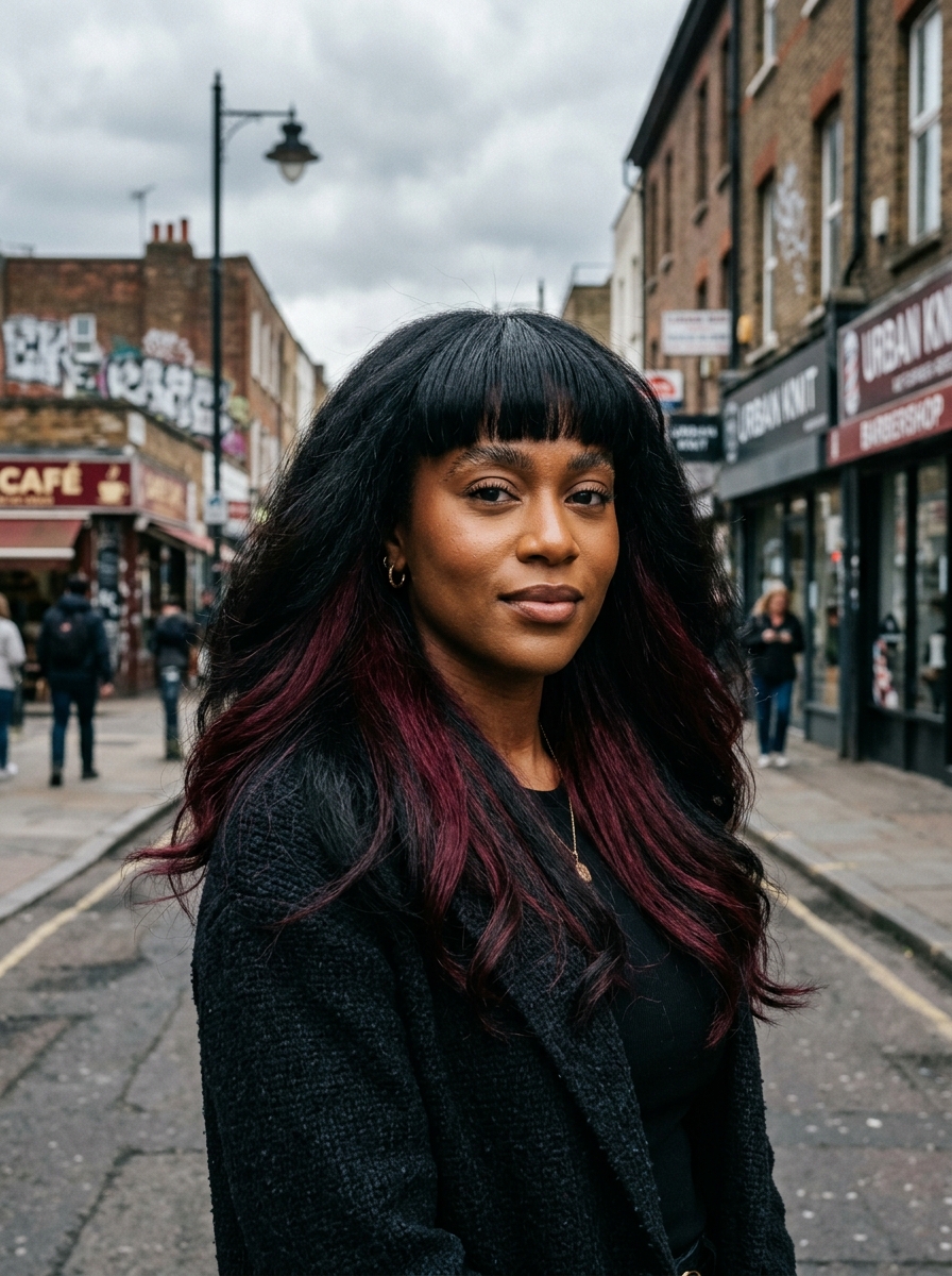 Burgundy Wine Peekaboo Under Black Bangs