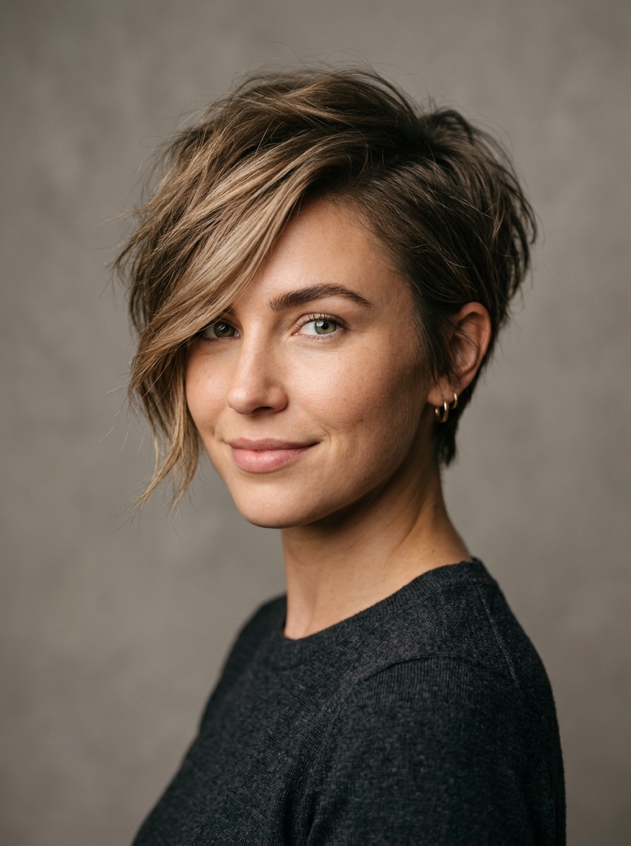 Classic Textured Pixie with Long Side-Swept Fringe