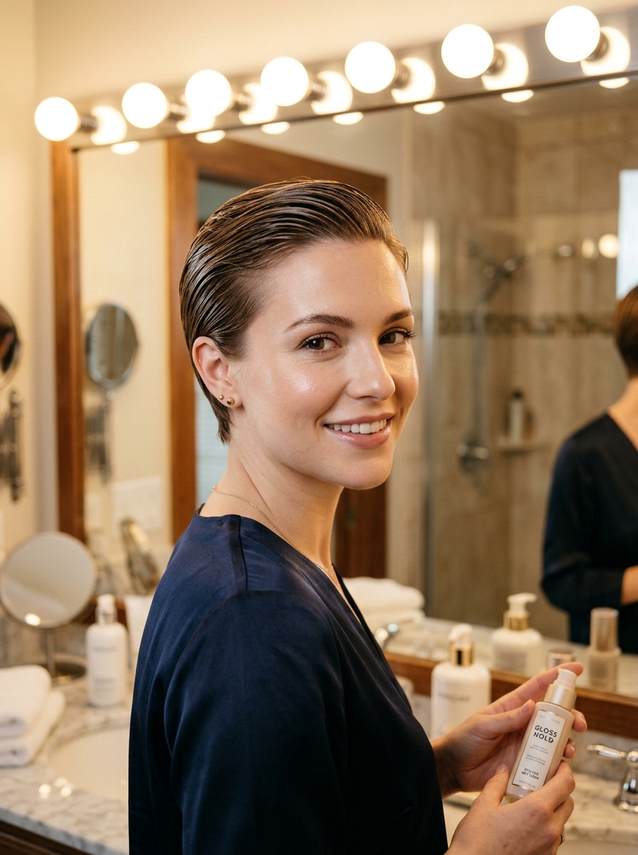 Slicked-Back Wet-Look Pixie