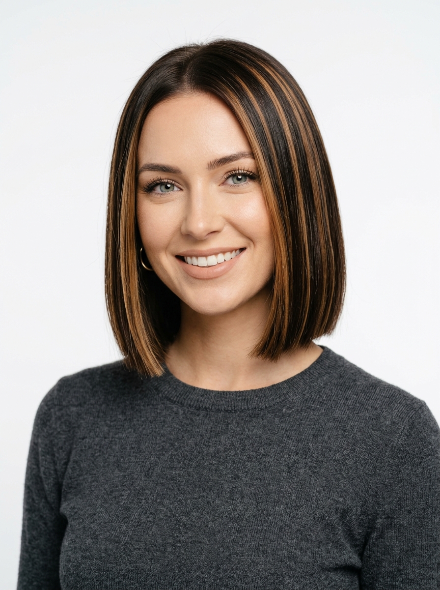 Chunky Caramel Balayage on a Blunt Bob