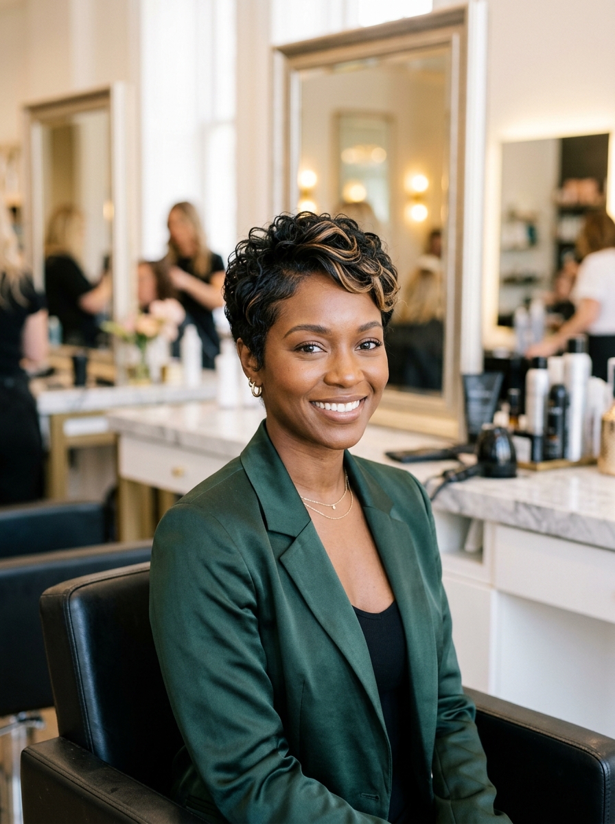Reverse Balayage Caramel on Natural Black Hair Pixie