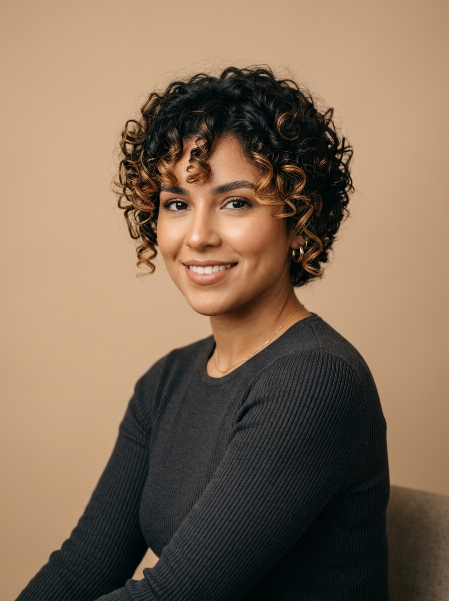 Caramel Face-Framing Balayage on a Curly Pixie