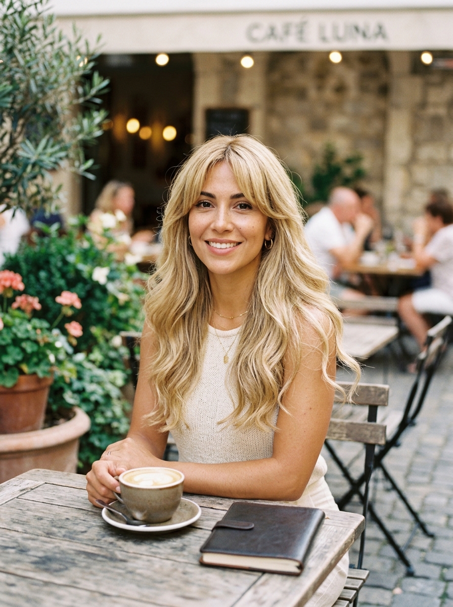 Buttery Blonde Lob with Curtain Bangs