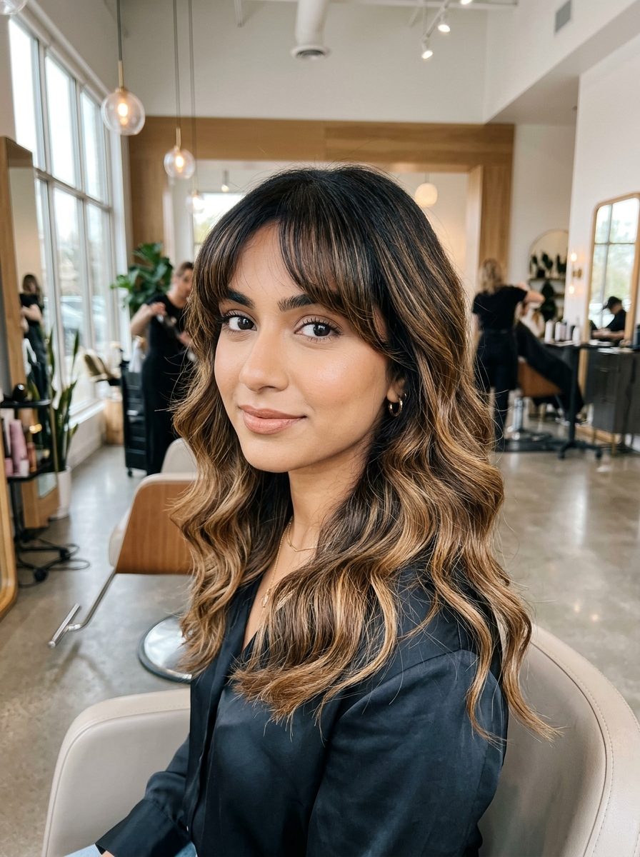 Honey Balayage Waves with Arched Bangs