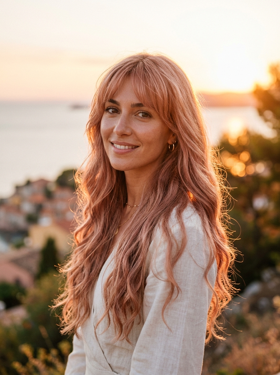 Rose Gold Waves with Feathered Bangs