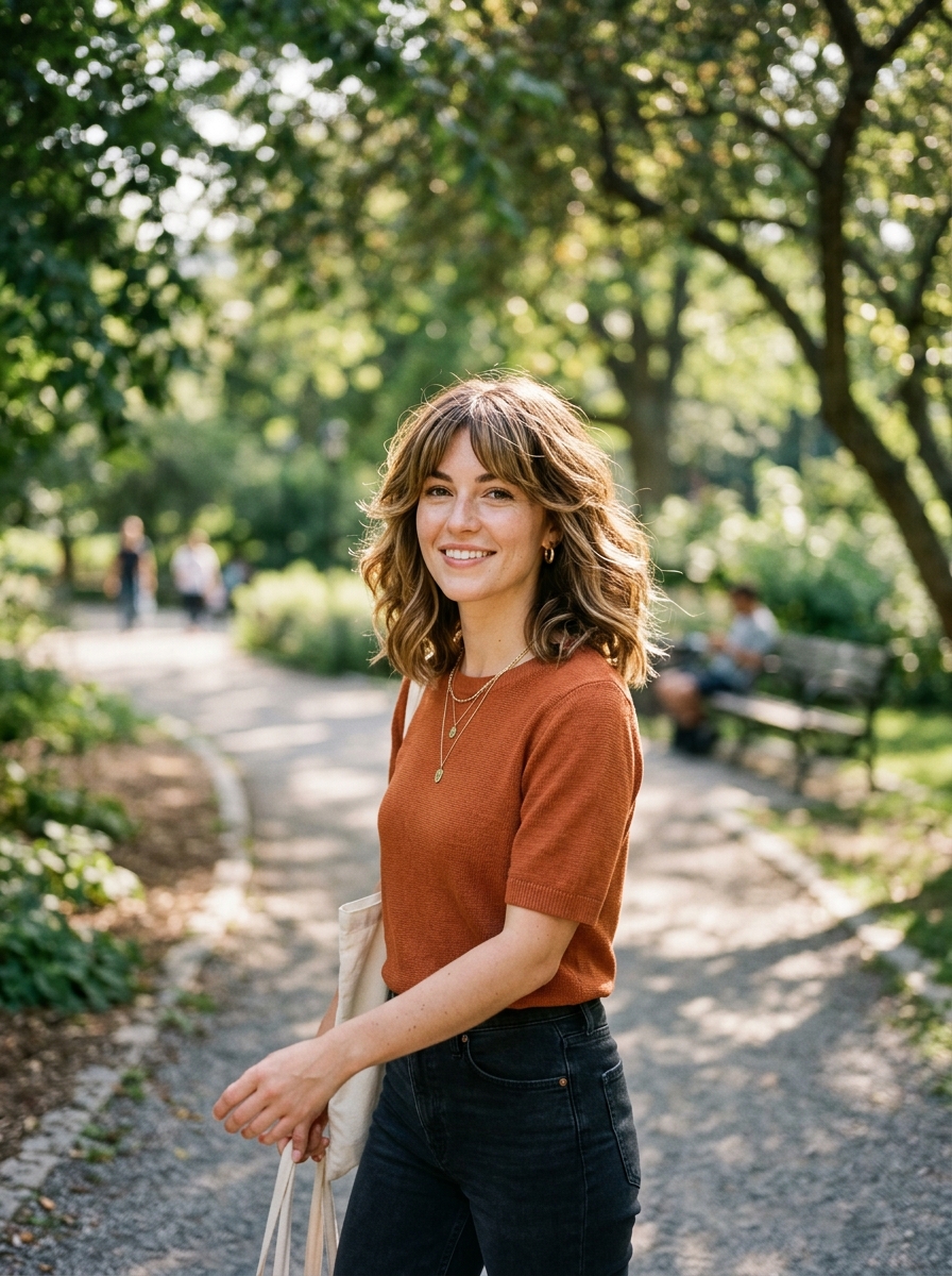 Caramel Highlights Lob with Bottleneck Bangs