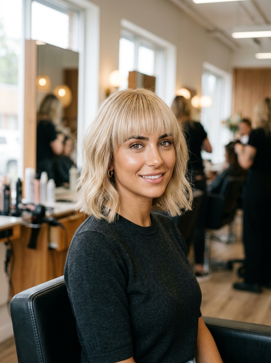 Champagne Blonde with Full Blunt Fringe