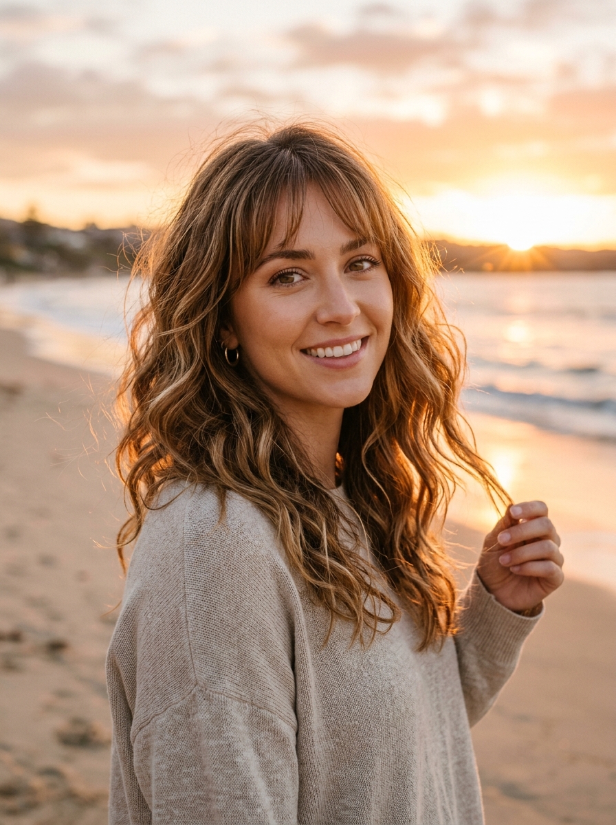 Toffee Balayage Beach Waves with Piecey See-Through Bangs