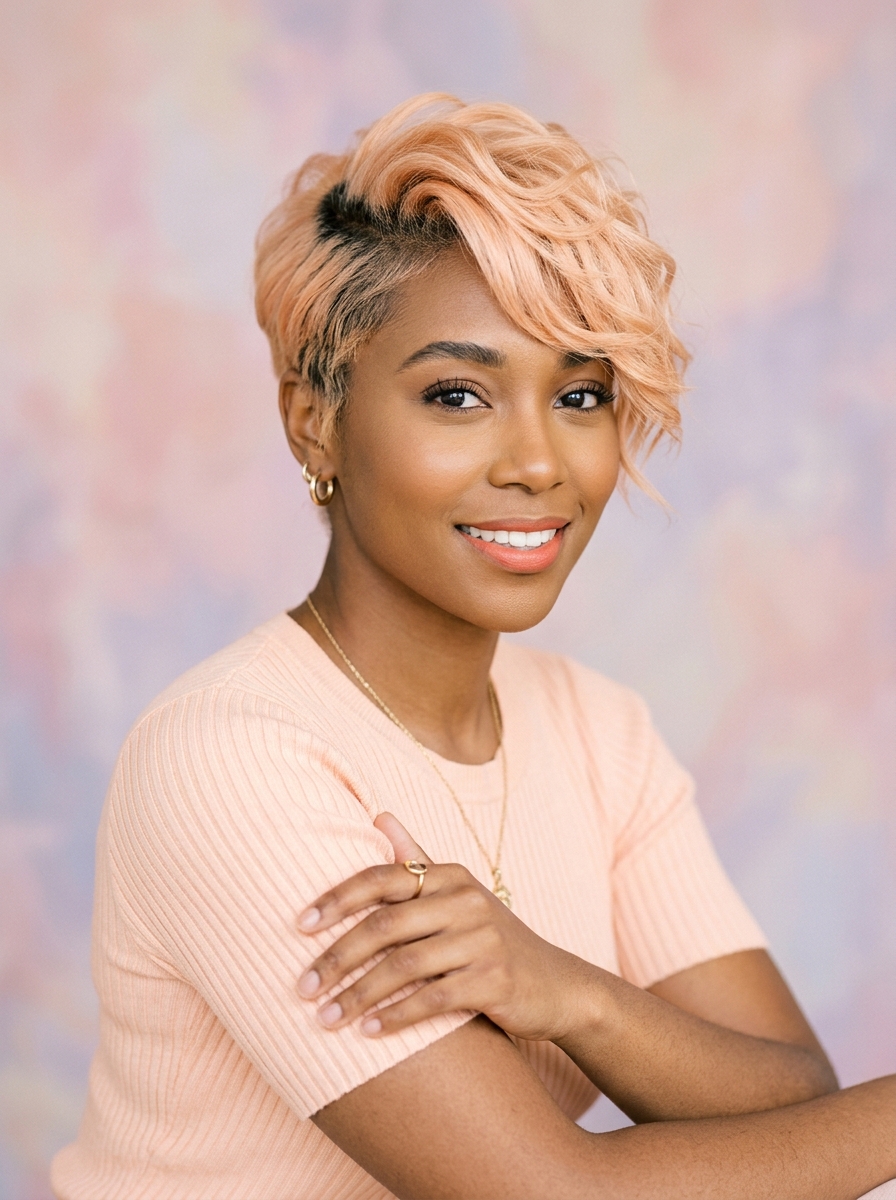Peachy Blonde Pixie with Textured Fringe