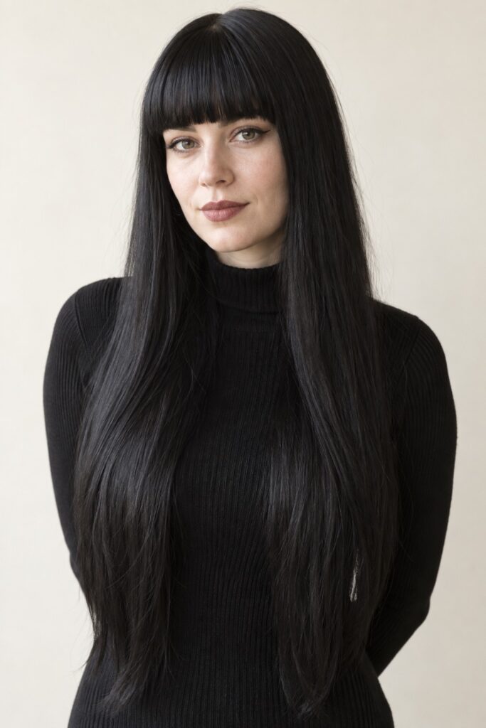 Long Black Hair with Blunt Bangs