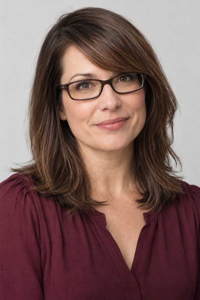 Side-Swept Bangs with Rectangular Glasses