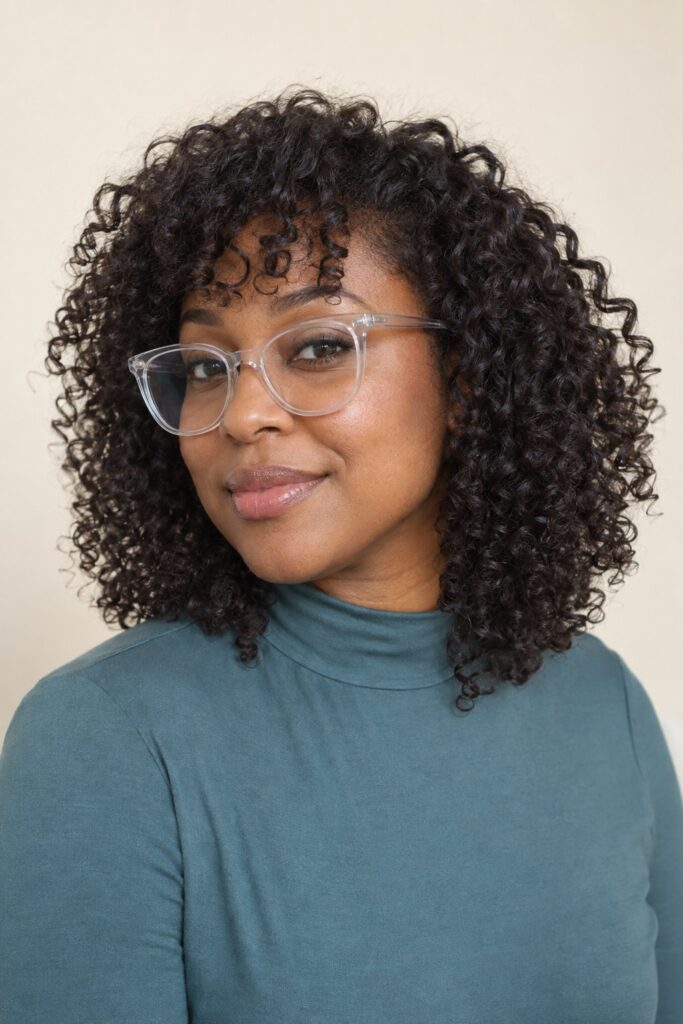 Curly Bangs with Clear Glasses