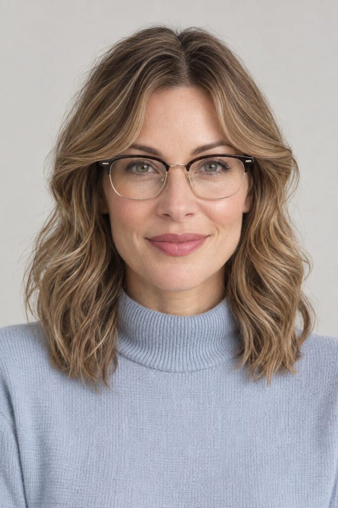 Wavy Curtain Fringe with Browline Glasses